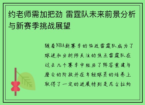 约老师需加把劲 雷霆队未来前景分析与新赛季挑战展望