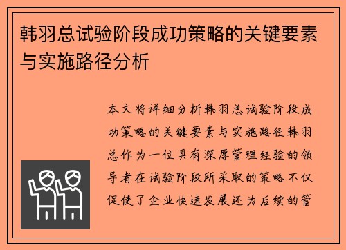 韩羽总试验阶段成功策略的关键要素与实施路径分析