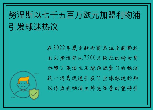 努涅斯以七千五百万欧元加盟利物浦引发球迷热议 努涅斯以七千五百万欧元加盟利物浦引发球迷热议