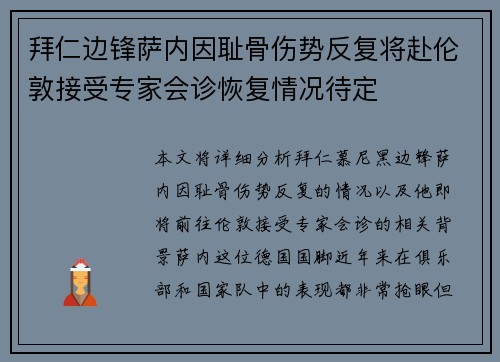 拜仁边锋萨内因耻骨伤势反复将赴伦敦接受专家会诊恢复情况待定 拜仁边锋萨内因耻骨伤势反复将赴伦敦接受专家会诊恢复情况待定